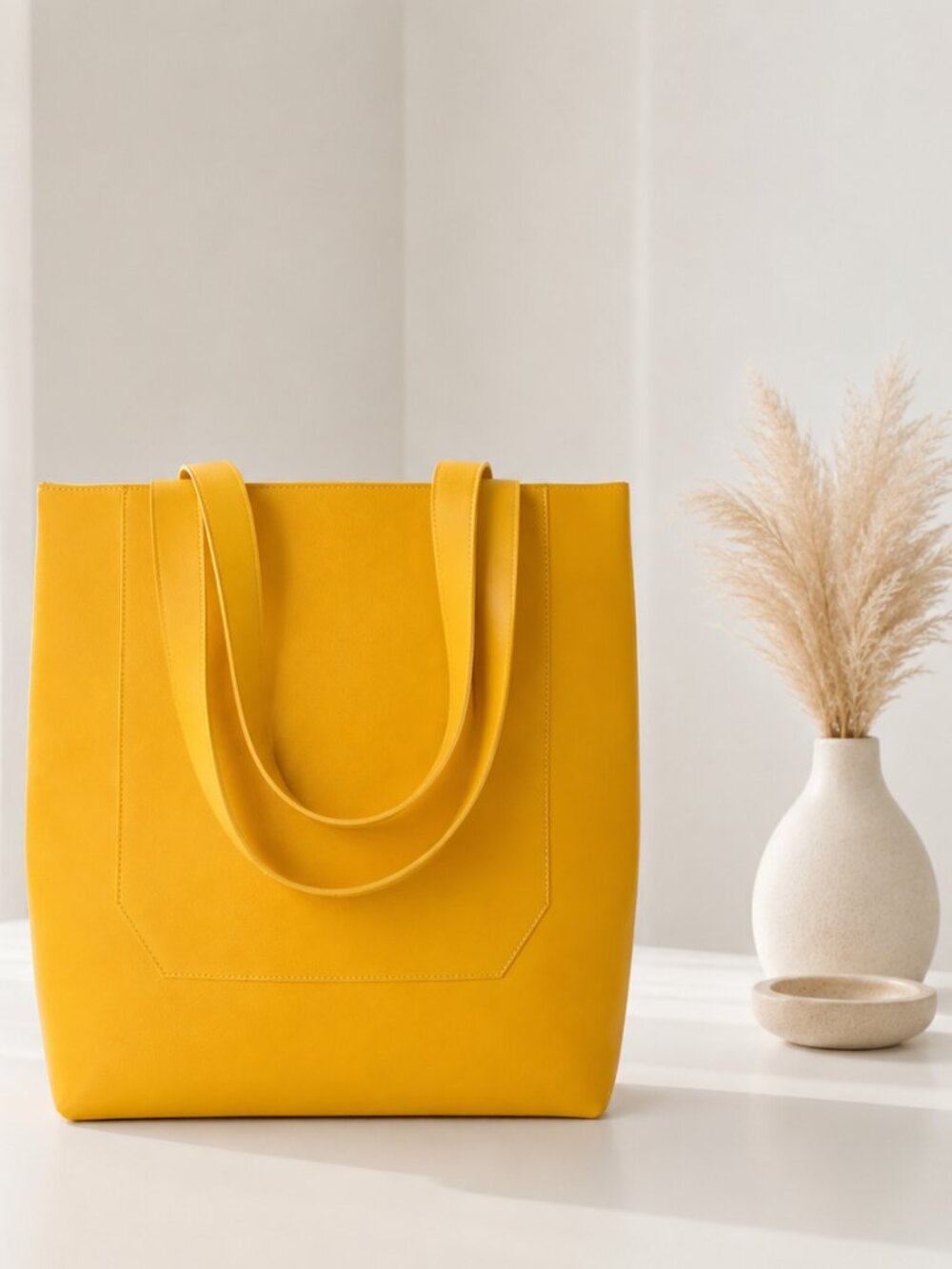 Saks Yellow Faux Leather Tote Shoulder Bag Large Purse Handbag